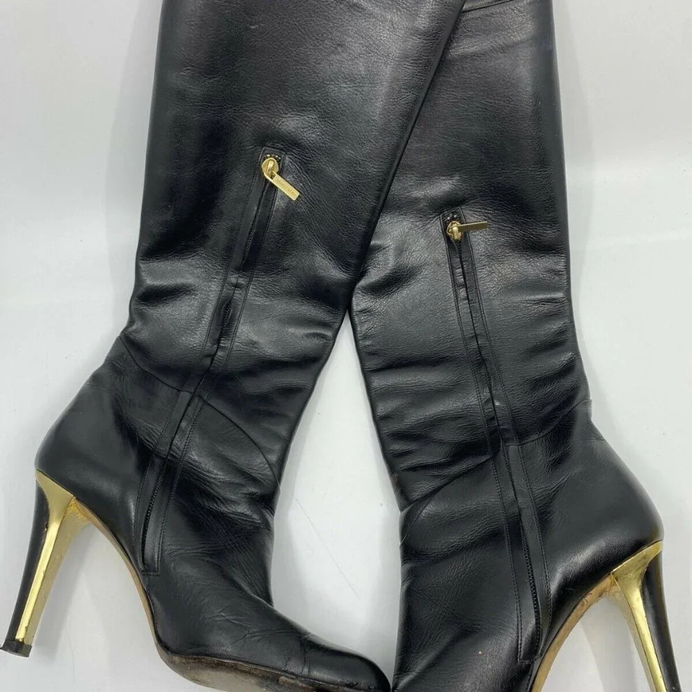 JIMMY CHOO Black Leather Knee high boots 7.5 - Picture 2 of 12